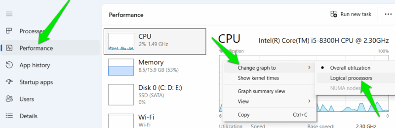 Switching to logical processors in the Task Manager