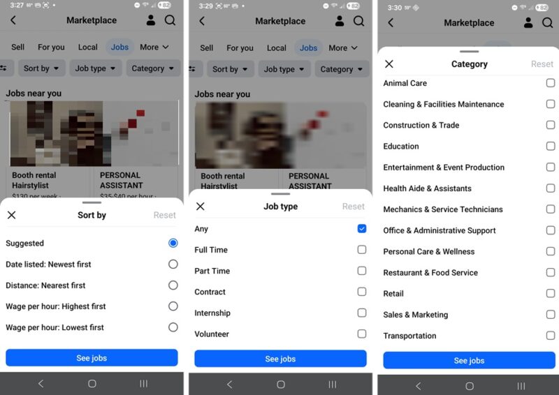 Facebook job board filters. 
