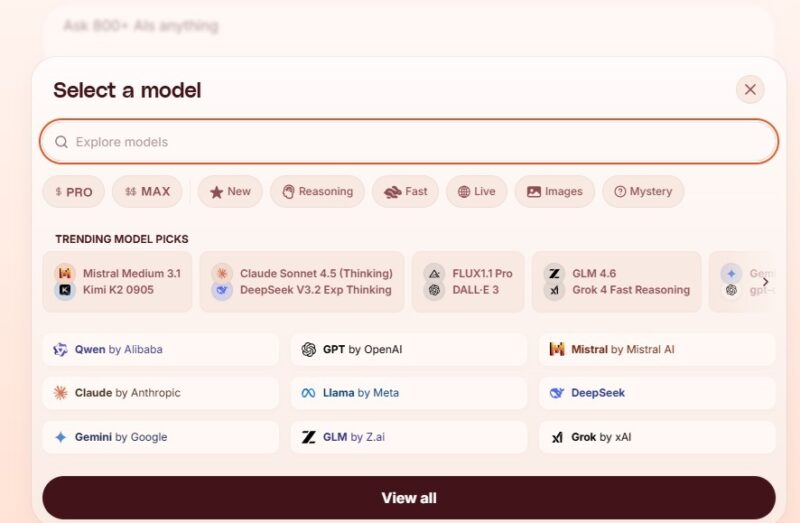 Using the AI model search and filter feature.