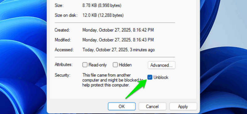 Unblock File option in file properties