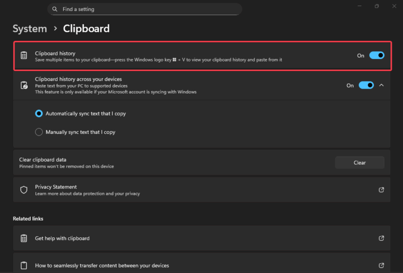 Enable Clipboard History Settings