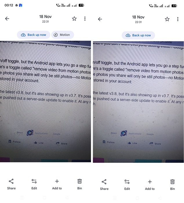 Motion toggle disappears after being disabled from Camera app in Andrfoid,