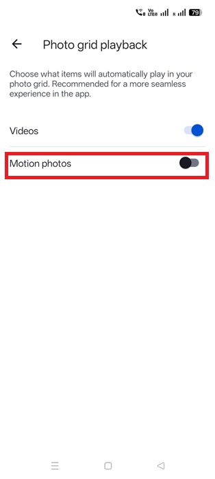 Toggle off "Motion photos" under "Photo Grid Playback".