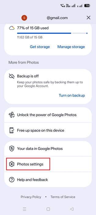 Google Photos Settings go to "Photos settings" menu.