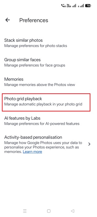 "Photo Grid Playback" clicked under Google Photos Preferences.