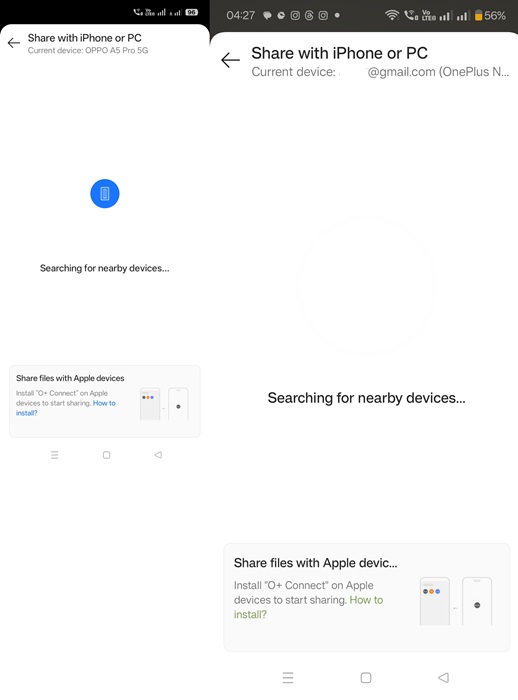 Options enabled for sharing via O+ Connect for Oppo and OnePlus devices.