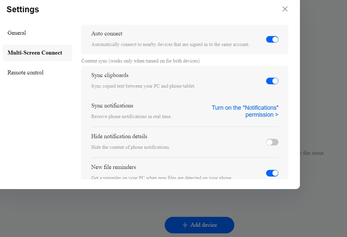 Windows device settings for O+ Connect including Auto Connect.