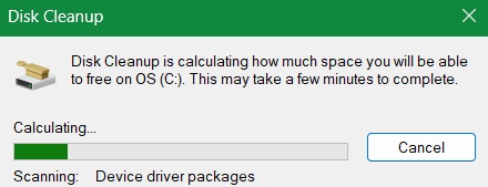 Disk Cleanup calculation of estimated storage space saved can take a long time.