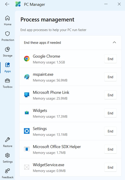 "Process management" in PC Manager feels like Task Manager.