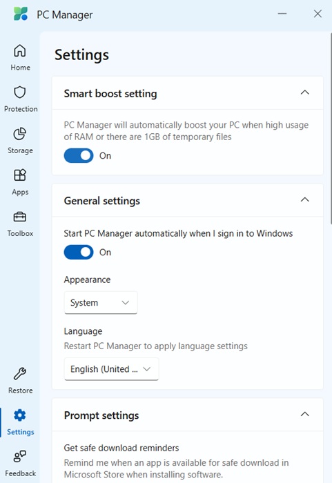 "Smart Boost Setting" enabled for the PC Manager app.