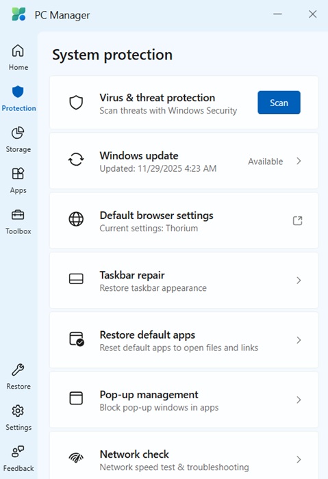 "System protection" options in PC Manager including virus scanning and Updates.