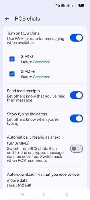 RCS chats turned on in Google Messages Settings for General.