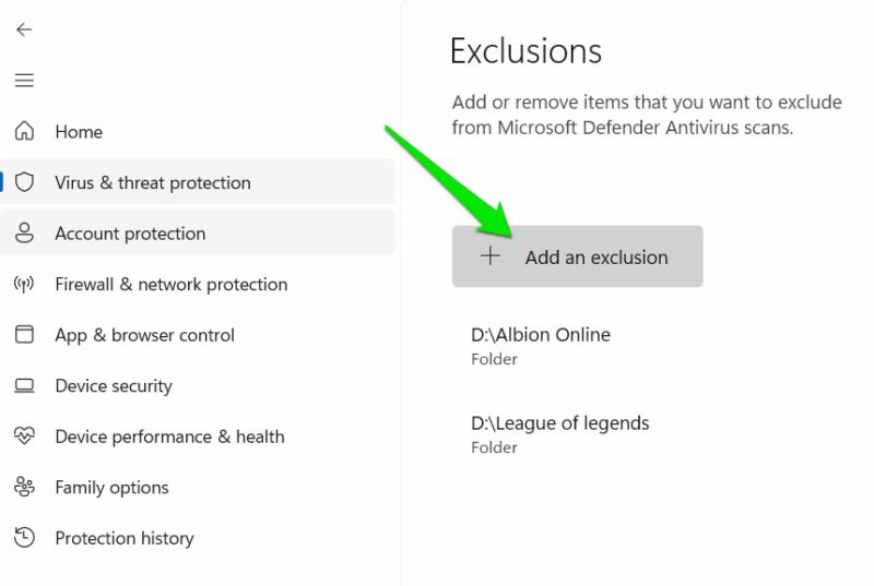 Adding folder exclusions in Windows Security