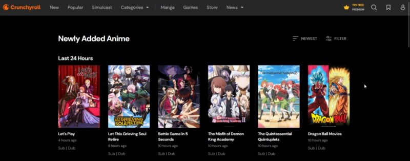 View of Crunchyroll website front page featuring anime options. 