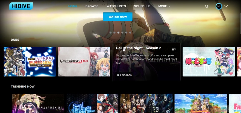 View of HiDive website front page featuring anime options. 