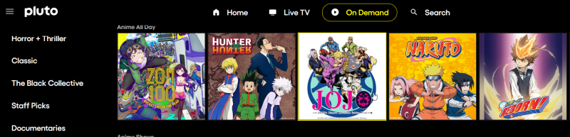 View of Tubi website front page featuring anime options. 