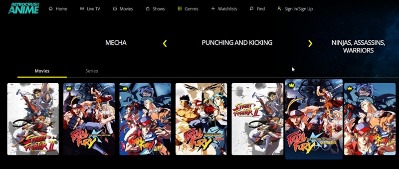 View of RetroCrush website front page featuring anime options. 
