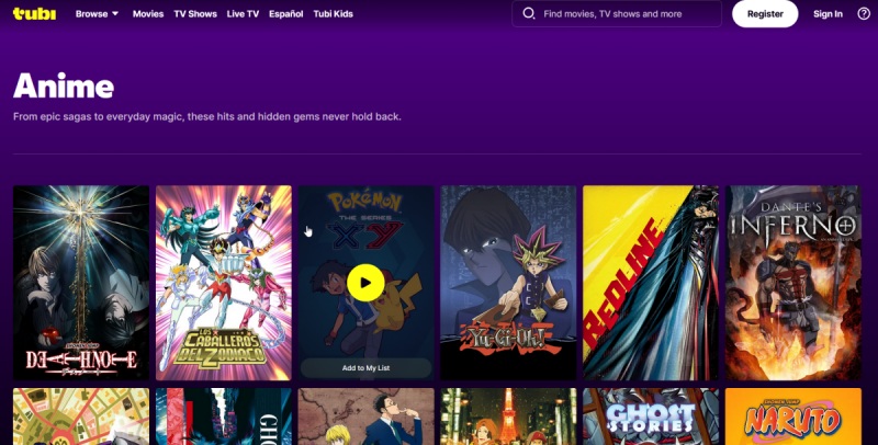 View of Tubi website front page featuring anime options. 