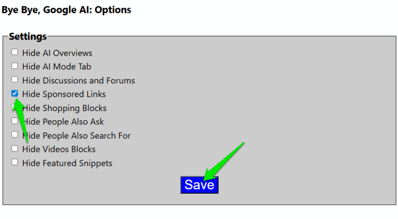 Blocking Sponsored Links in Bye Bye Google AI