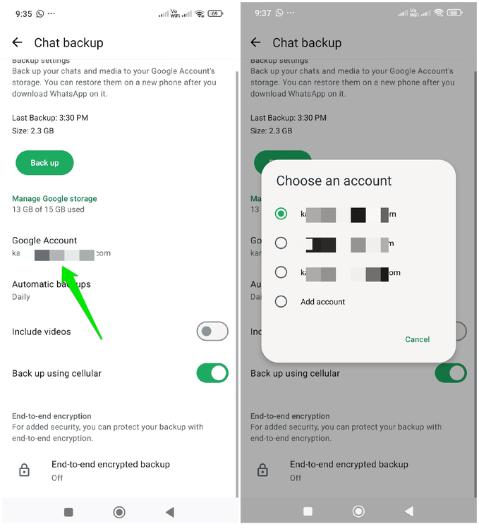 Changing Google Account in WhatsApp