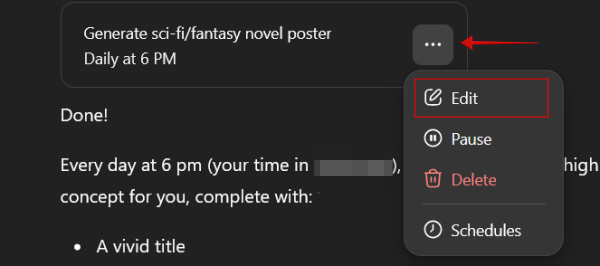 Tapping on "Edit" on task in ChatGPT. 