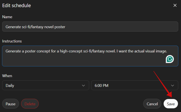 Editing ChatGPT task and saving changes on the web.