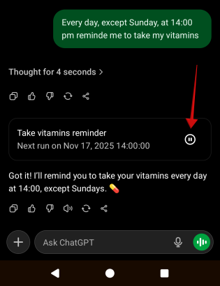 Pausing task via the ChatGPT app. 