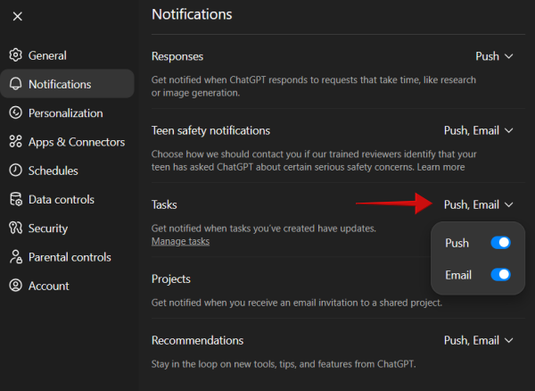 Viewing notifications for scheduled tasks in ChatGPT on the web. 