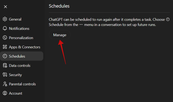 Opening up "Schedules" in ChatGPT Settings. 
