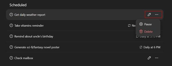 Viewing Scheduled tasks and editing them in ChatGPT Settings. 