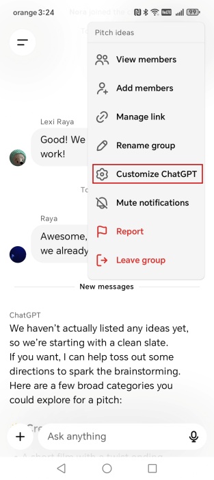Tapping on "Customize ChatGPT" option in group chat via ChatGPT app. 