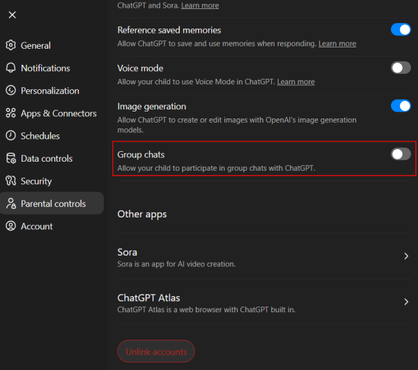 Disabling "Group chats" for minors via ChatGPT Parental Controls dashboard.