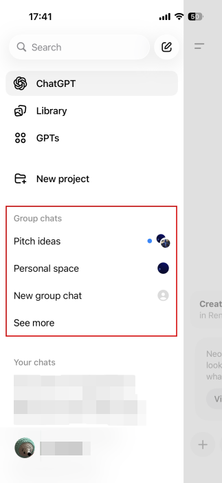 Selecting a group chat in ChatGPT app. 