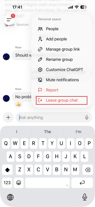 Tapping option to "Leave group chat" in ChatGPT app.