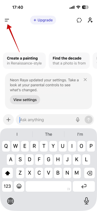 Tapping on menu icon in ChatGPT app. 
