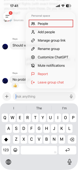 Tapping on "People" in ChatGPT group menu via the app. 