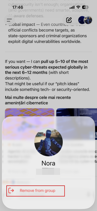 Selecting "Remove from group" option for group chat member in ChatGPT app. 