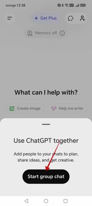 Tapping on "Start group chat" option in ChatGPT app. 