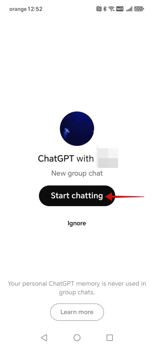 Tapping on "Start chatting" button in ChatGPT app to accept invitation to join group chat.