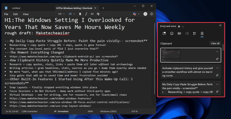 Clipboard History Win+v