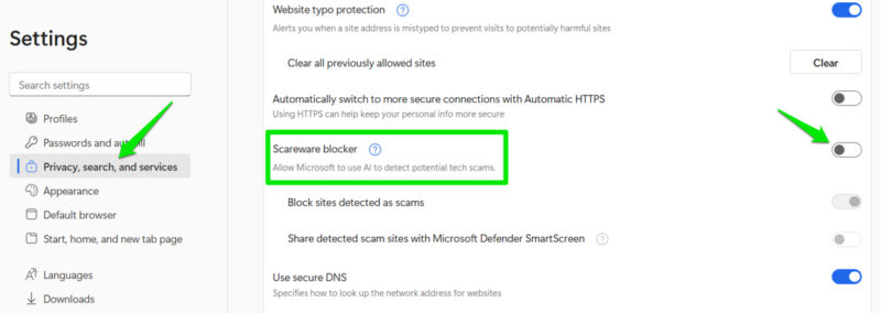 Disabling Scareware Blocker in Microsoft Edge