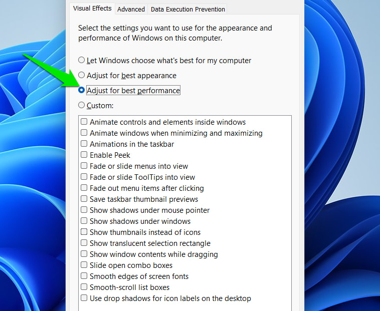 Disabling Visual Effects in performance settings