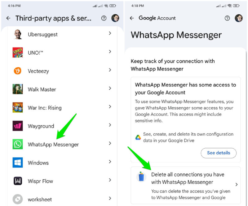 Disconnecting WhatsApp from Google account
