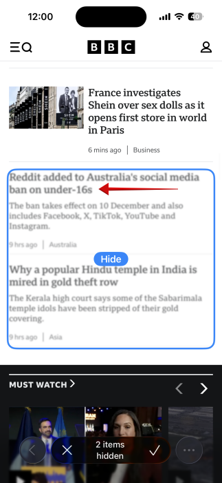 Safari selecting block of text on iPhone.