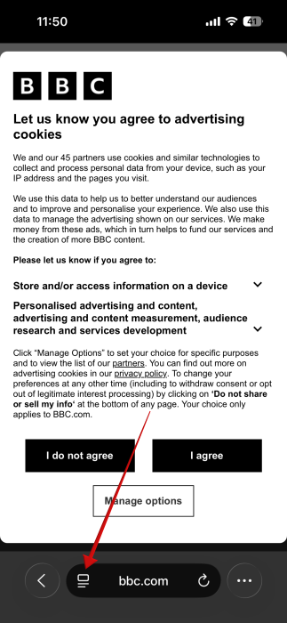 Tapping on "More options" button in Safari on iPhone.