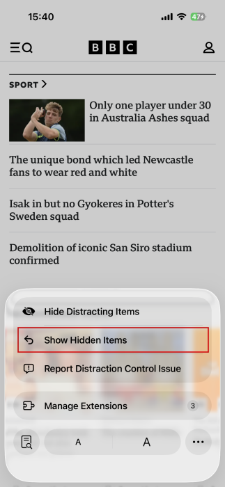 Tapping on "Show hidden items" option in Safari on iPhone.