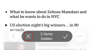 Tapping "X" to cancel hiding items in Safari on iPhone.