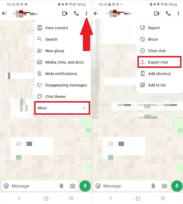 Exporting a WhatsApp chat on Android.