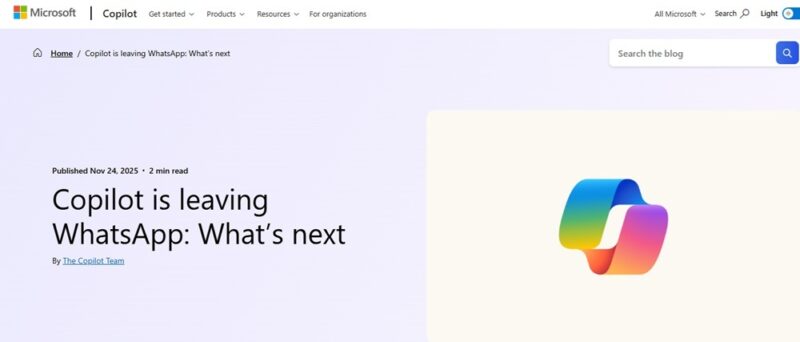 Microsoft's announcement of Copilot leaving WhatsApp