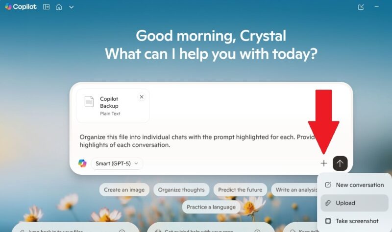 Uploading a text file to Copilot.